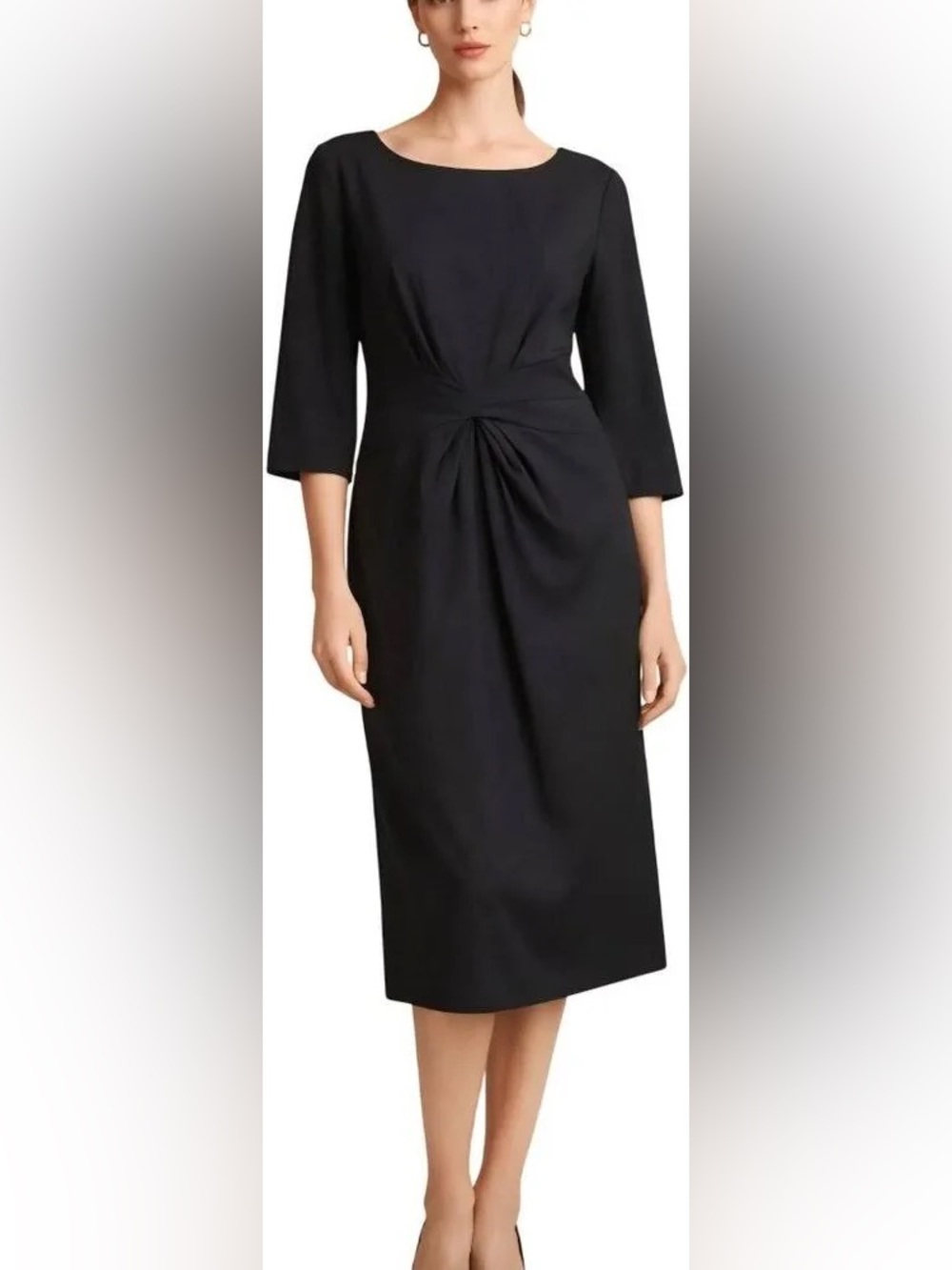 Lafayette 148 Elegant Black Wool Twist-Front Sheath Dress, 3/4 Sleeves, 2